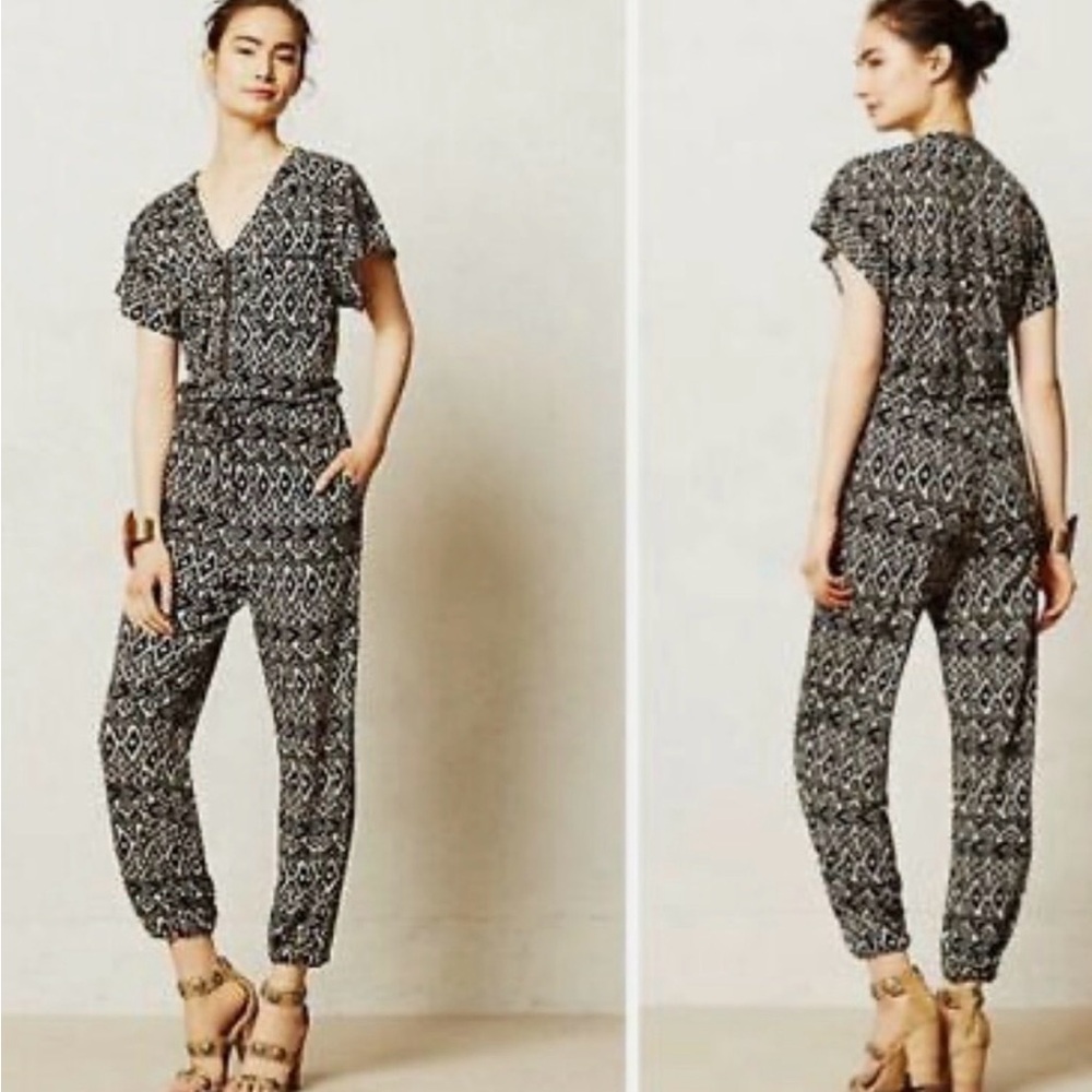 Anthropologie Corey Lynn Calter Black & Tan Printed V-Neck Jumpsuit